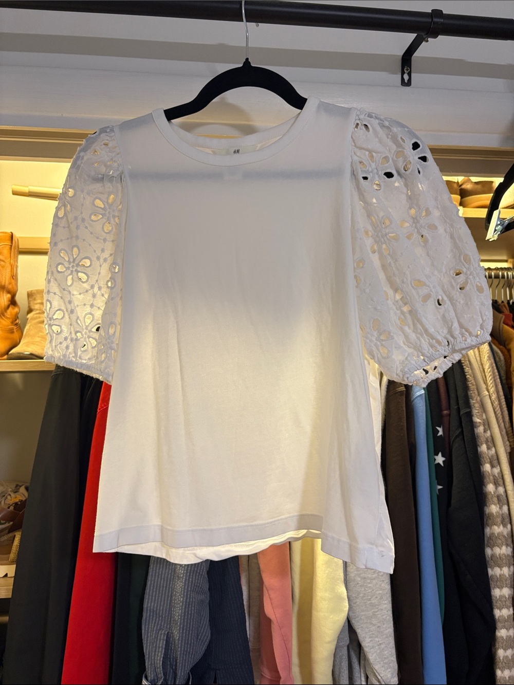 H&M White Eyelet Puff-Sleeve Blouse